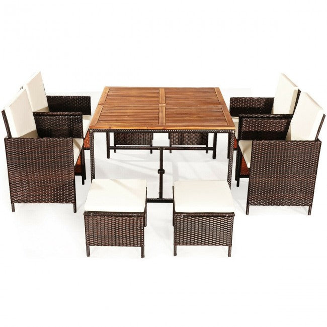 9 Pieces Outdoor Patio Acacia Wood Space Saving Dining Table Set Furniture Set with Cushion