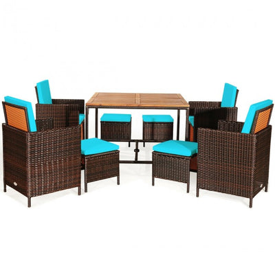 9 Pieces Outdoor Patio Acacia Wood Space Saving Dining Table Set Furniture Set with Cushion