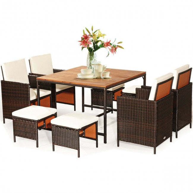 9 Pieces Outdoor Patio Acacia Wood Space Saving Dining Table Set Furniture Set with Cushion
