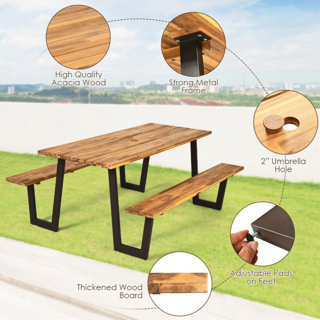 70 Inch Outdoor Dining Table Set Picnic Table Bench Set with Umbrella Hole and Metal Frame