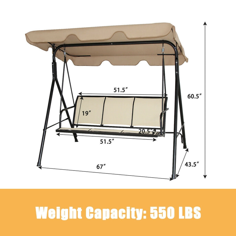 3 Person Steel Frame Patio Swing with Polyester Angle and Adjustable Canopy