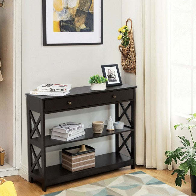 3-Tier Side Console Table Entryway Table Narrow Accent Table with Drawer and Storage Shelves