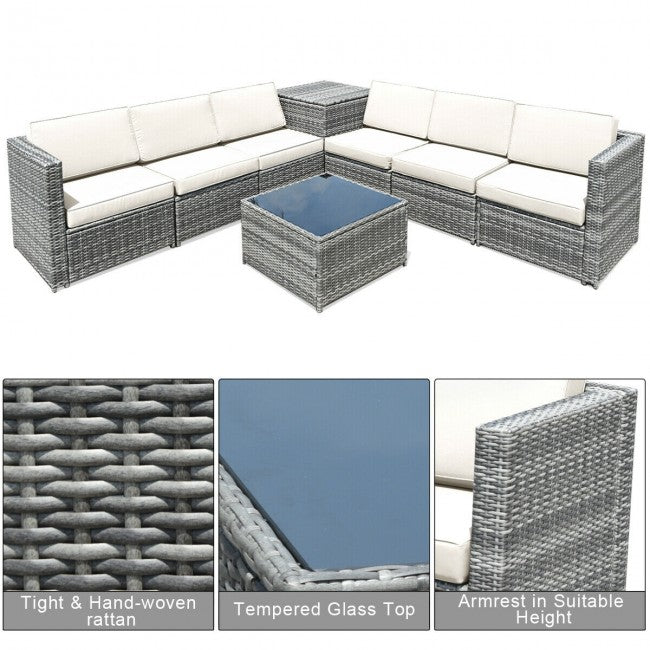 8 Piece Outdoor Patio Rattan All-Weather Conversation Sectional Sofa Furniture Set with Cushion