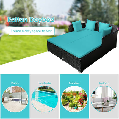 Outdoor Patio Rattan Daybed Thick Pillows Cushioned Sofa Furniture