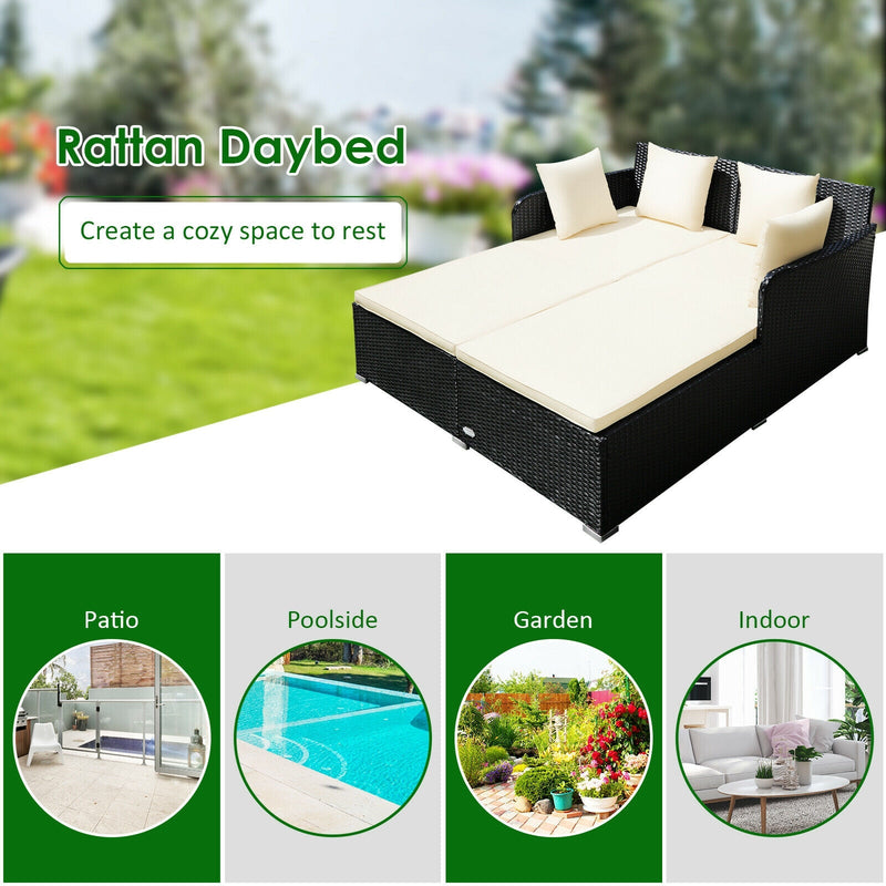 Outdoor Patio Rattan Daybed Thick Pillows Cushioned Sofa Furniture