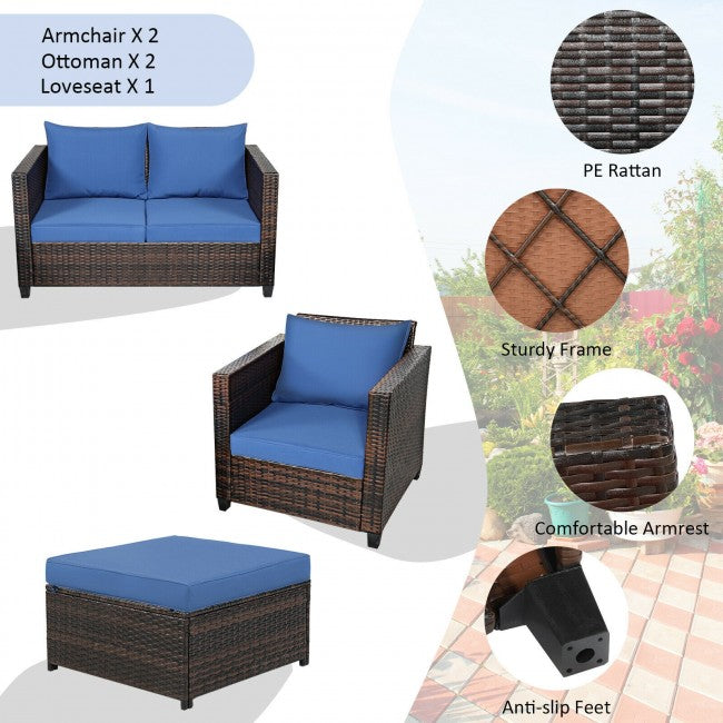 5 Pieces Outdoor Rattan Furniture Set Patio Conversation Sectional Sofa Set with Ottomans