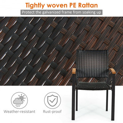 4 Pieces Outdoor Stackable Rattan Chair Patio Dining Armchair with Acacia-Topped Armrests