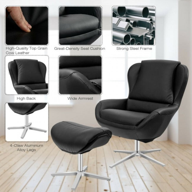 360° Swivel Leather Rocking Chair with Ottoman and Padded Cushions