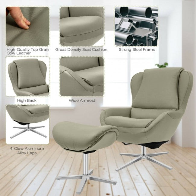 360° Swivel Leather Rocking Chair with Ottoman and Padded Cushions