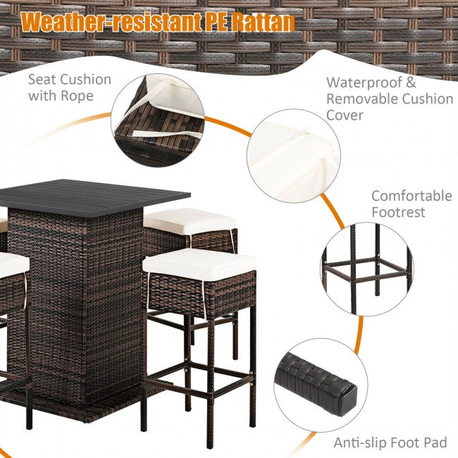 5 Piece Outdoor Rattan Conversation Bistro Set Patio Bar Furniture Set with 4 Cushions Stools and Smooth Top Table