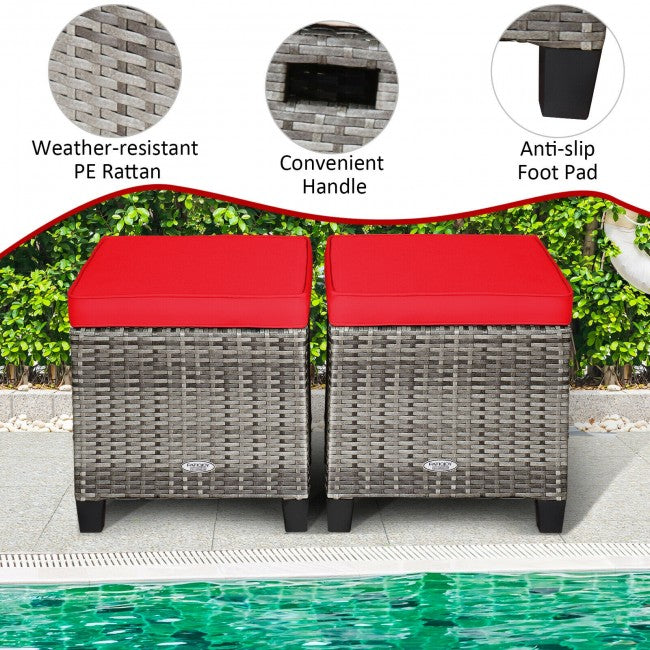 2 Pieces Patio Rattan Ottomans Seat Outdoor Footstool Footrest with Removable Cushions