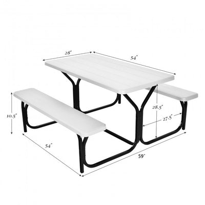 Outdoor Camping Table Bench Set Picnic All Weather Dining Set with Metal Base and Wood-Like Texture