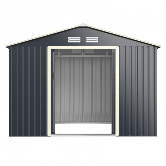 9 x 6 FT Outdoor Metal Storage Shed Organizer Patio Garden Steel Tool House with 2 Sliding Doors and 4 Vents