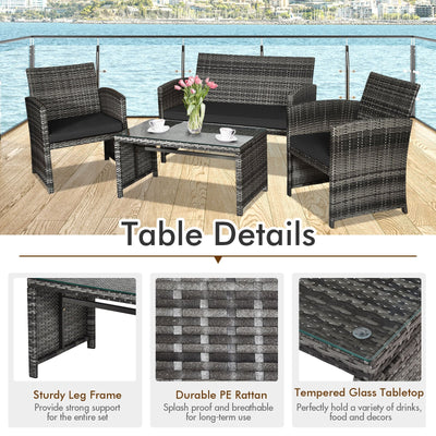 4 Pieces Patio Rattan Furniture Set with Glass Table and Loveseat