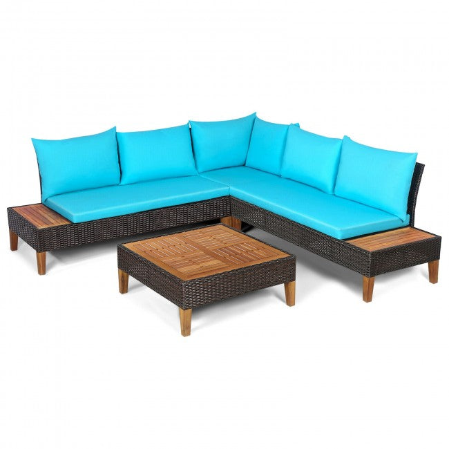 4 Pieces Outdoor Patio Rattan Wicker Furniture Set with Cushion and Side Table