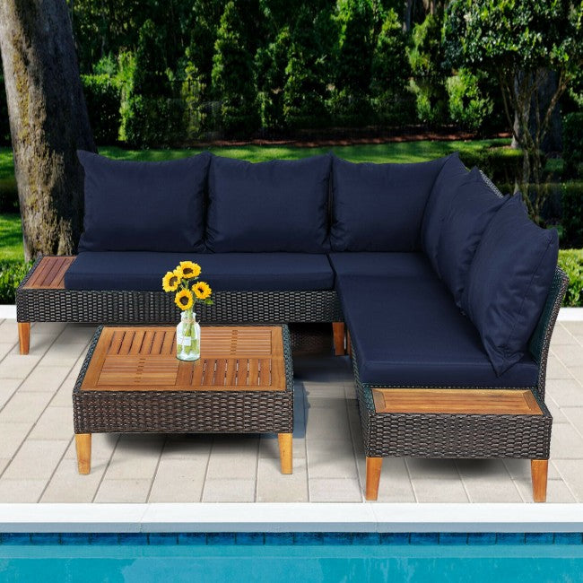 4 Pieces Outdoor Patio Rattan Wicker Furniture Set with Cushion and Side Table