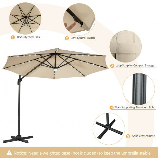 10ft Patio Cantilever Umbrella Outdoor Hanging Offset Umbrella with Solar LED Lights and 360-Degree Rotation