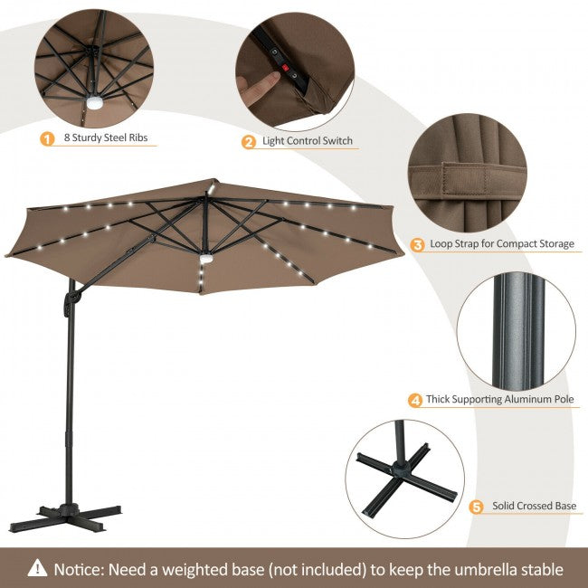 10ft Patio Cantilever Umbrella Outdoor Hanging Offset Umbrella with Solar LED Lights and 360-Degree Rotation