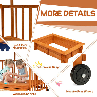 Kids Outdoor Wooden Retractable Sandbox with Cover and Built-in Wheels