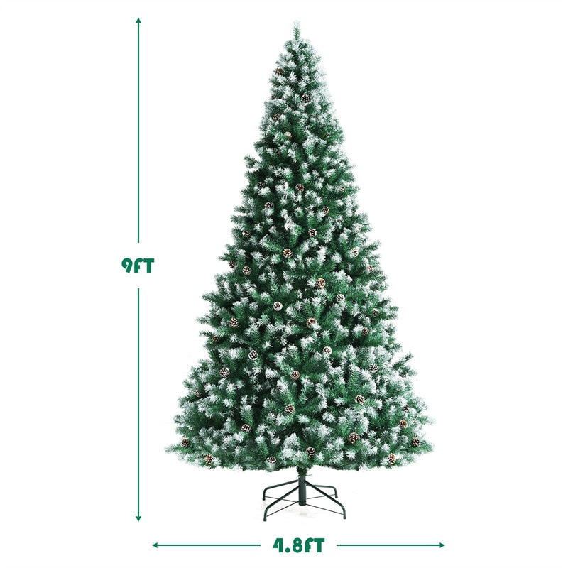 9ft Unlit Artificial Snow Flocked Christmas Tree with Pine Cones and Metal Stand