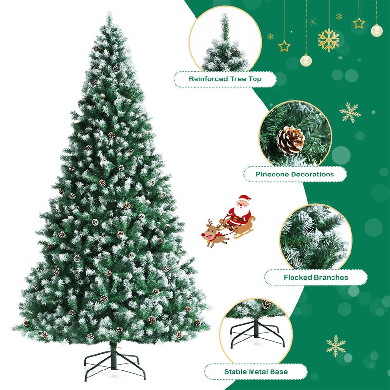 9ft Unlit Artificial Snow Flocked Christmas Tree with Pine Cones and Metal Stand