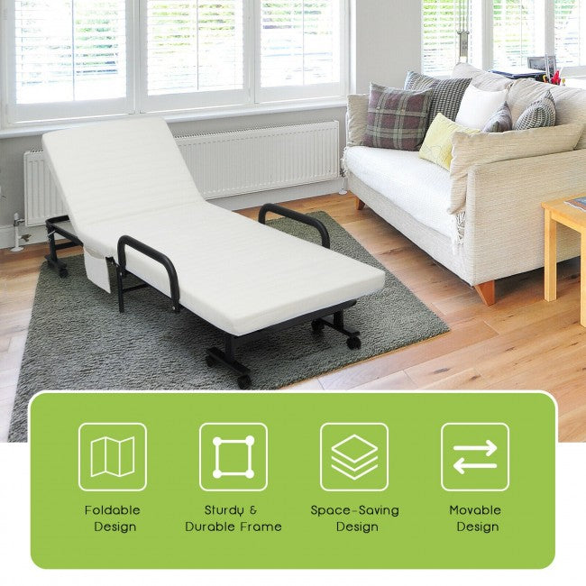 Adjustable Rollaway Guest Bed Portable Folding Ottoman with Removable Mattress and Side Pocket