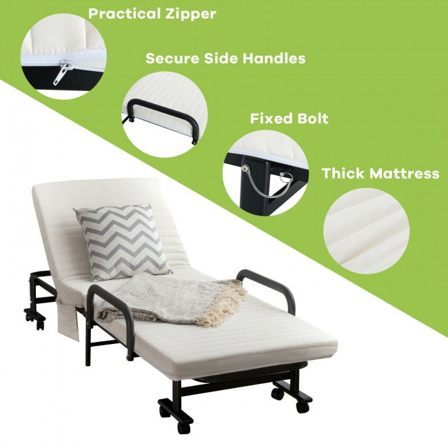 Adjustable Rollaway Guest Bed Portable Folding Ottoman with Removable Mattress and Side Pocket