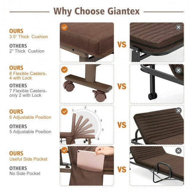 Adjustable Rollaway Guest Bed Portable Folding Ottoman with Removable Mattress and Side Pocket