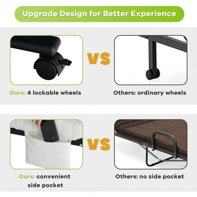 Adjustable Rollaway Guest Bed Portable Folding Ottoman with Removable Mattress and Side Pocket