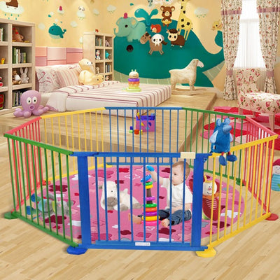 Baby Playpen 8 Panel Multicolors Wooden Frame Playard