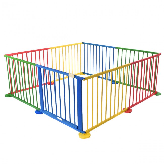 Baby Playpen 8 Panel Multicolors Wooden Frame Playard