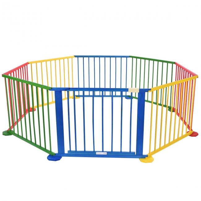 Baby Playpen 8 Panel Multicolors Wooden Frame Playard