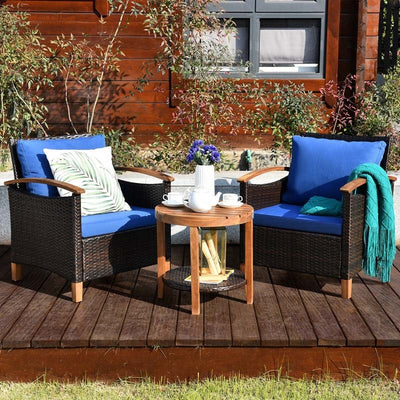 3 Pcs Solid Wood Frame Patio Rattan Furniture Set