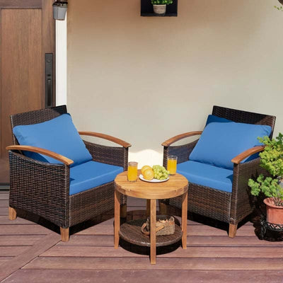 3 Pcs Solid Wood Frame Patio Rattan Furniture Set