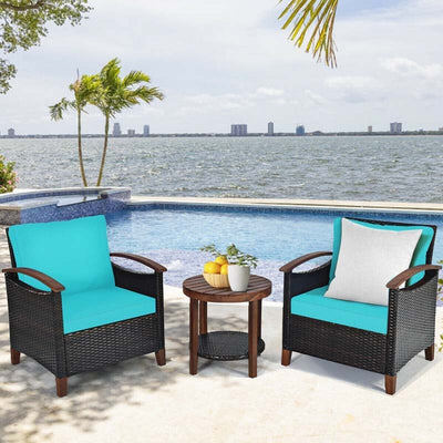 3 Pcs Solid Wood Frame Patio Rattan Furniture Set