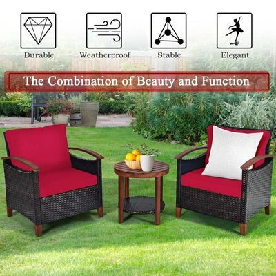 3 Pcs Solid Wood Frame Patio Rattan Furniture Set