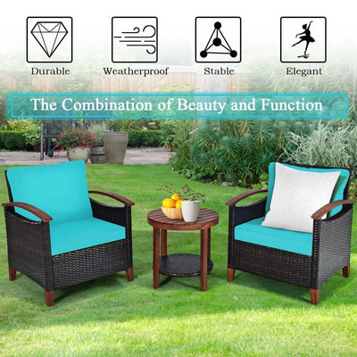 3 Pcs Solid Wood Frame Patio Rattan Furniture Set