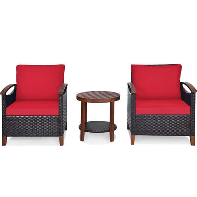 3 Pcs Solid Wood Frame Patio Rattan Furniture Set