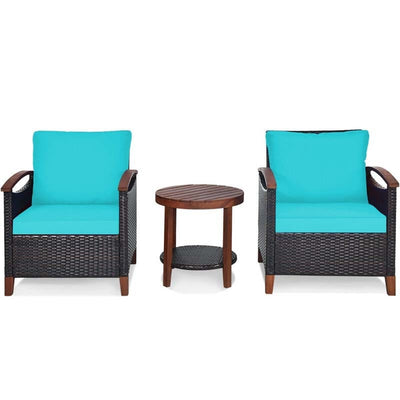 3 Pcs Solid Wood Frame Patio Rattan Furniture Set