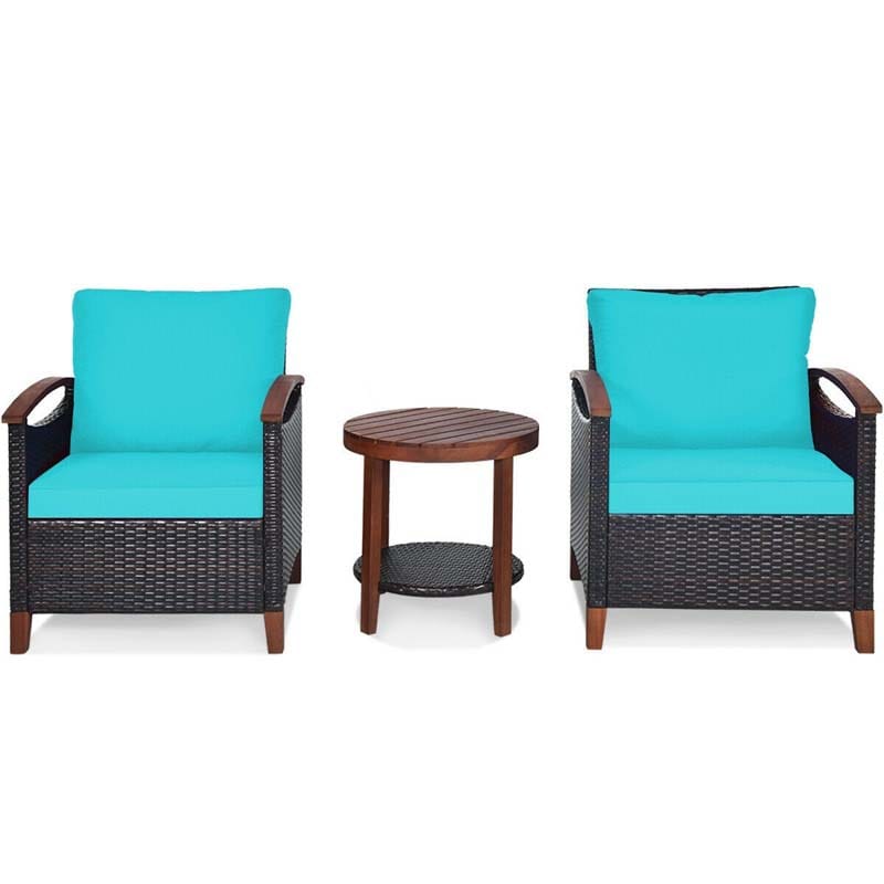 3 Pcs Solid Wood Frame Patio Rattan Furniture Set