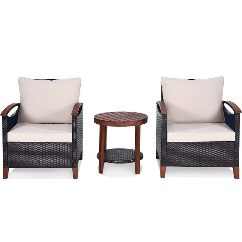 3 Pcs Solid Wood Frame Patio Rattan Furniture Set