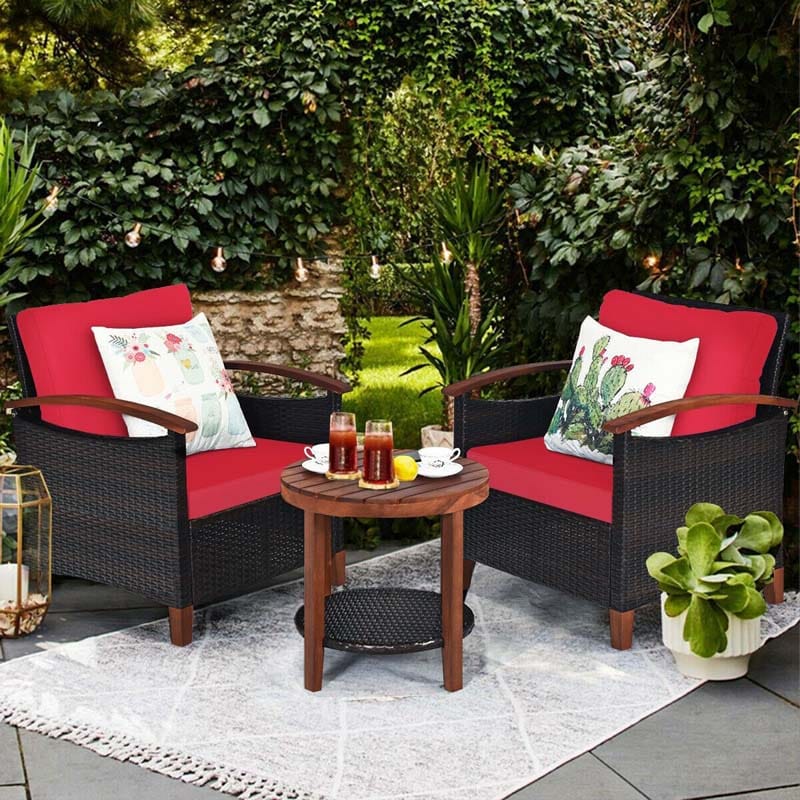 3 Pcs Solid Wood Frame Patio Rattan Furniture Set