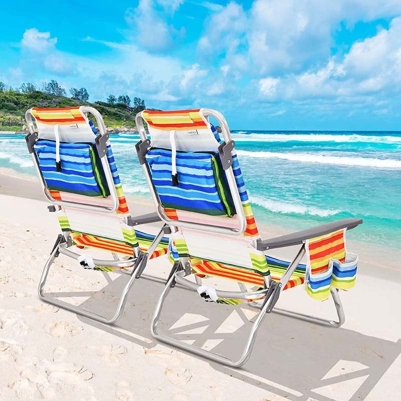 2 Pcs Folding Backpack 5-Position Beach Chair with Pillow