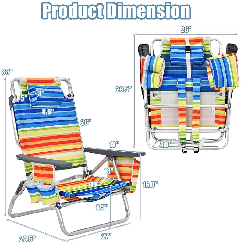 2 Pcs Folding Backpack 5-Position Beach Chair with Pillow