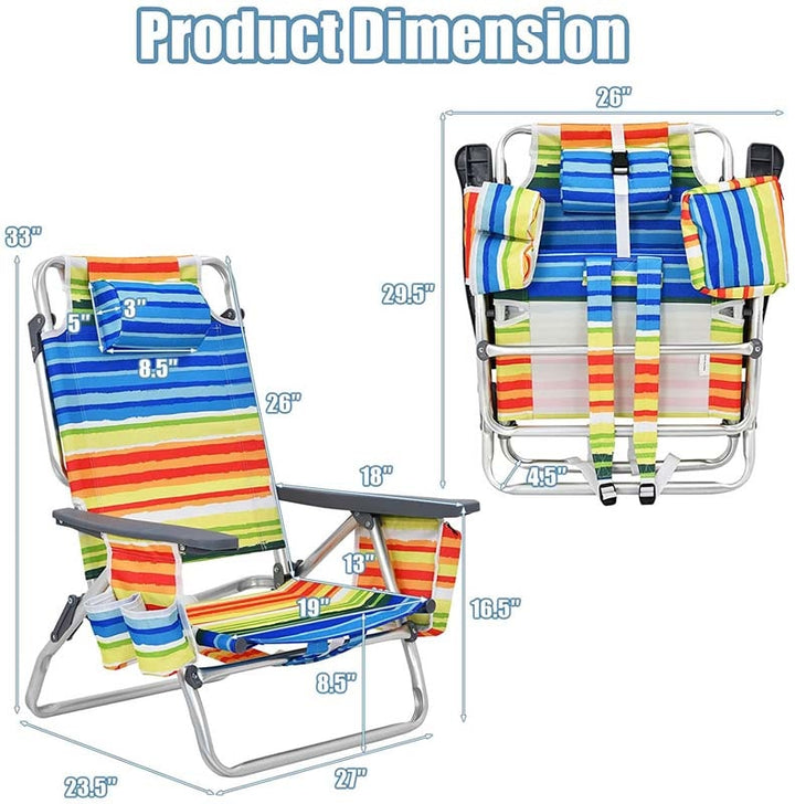2 Pcs Folding Backpack 5-Position Beach Chair with Pillow