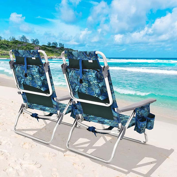 2 Pcs Folding Backpack 5-Position Beach Chair with Pillow