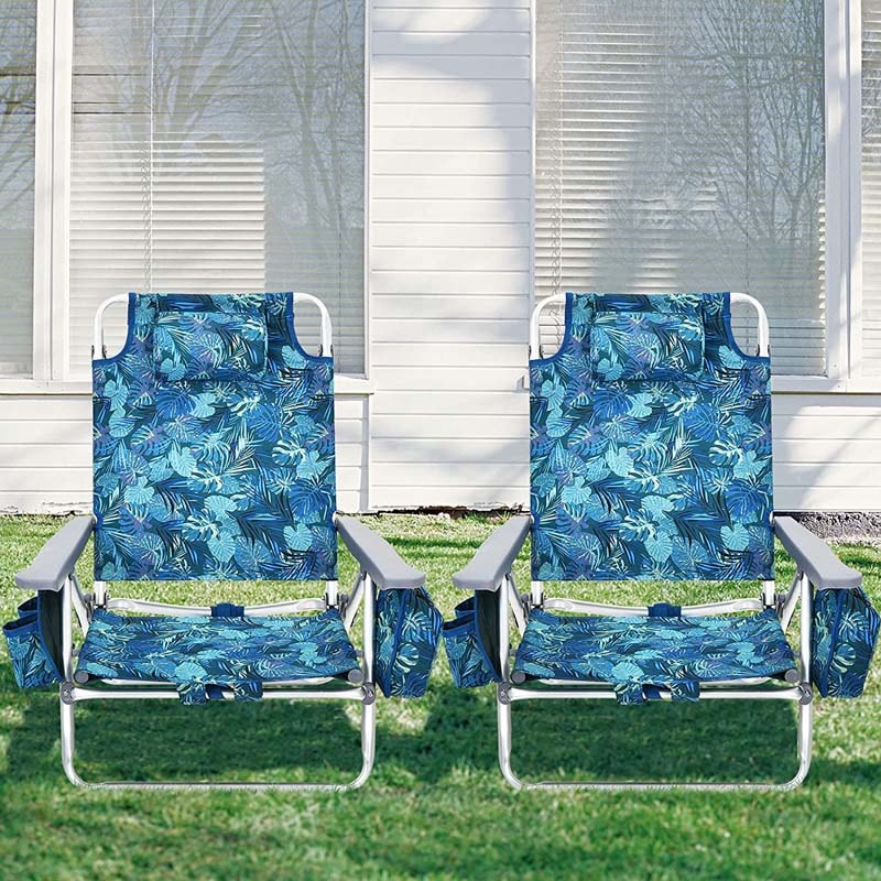 2 Pcs Folding Backpack 5-Position Beach Chair with Pillow