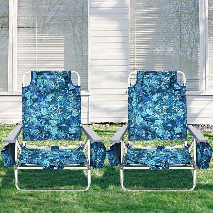 2 Pcs Folding Backpack 5-Position Beach Chair with Pillow