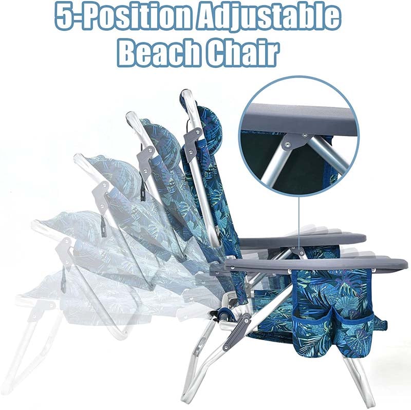2 Pcs Folding Backpack 5-Position Beach Chair with Pillow