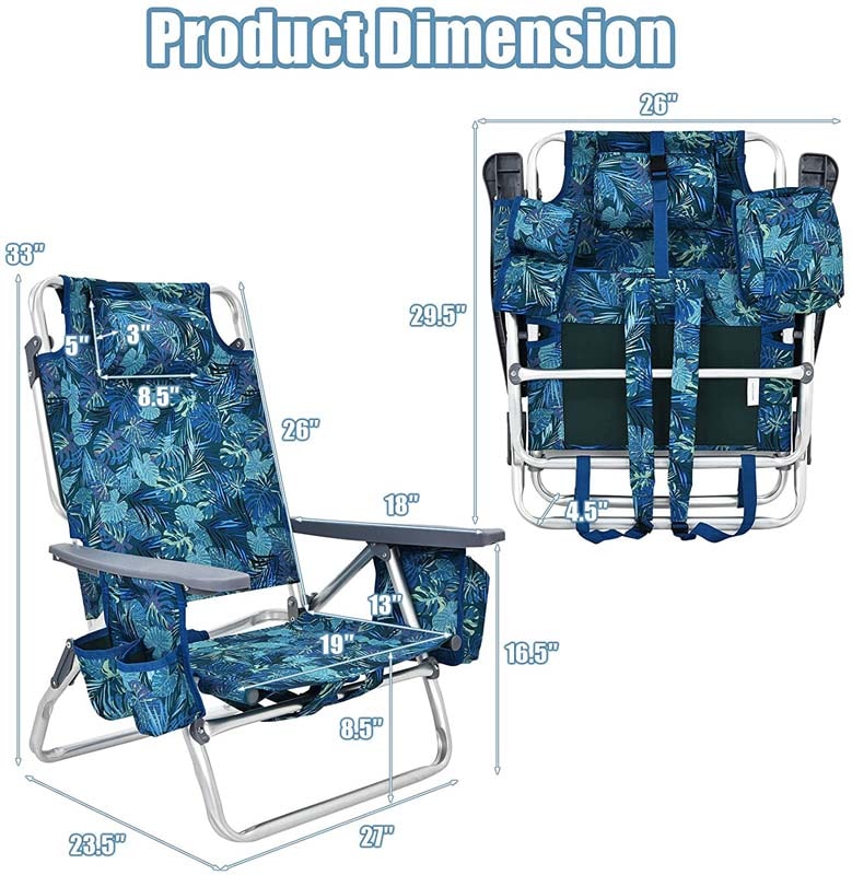 2 Pcs Folding Backpack 5-Position Beach Chair with Pillow